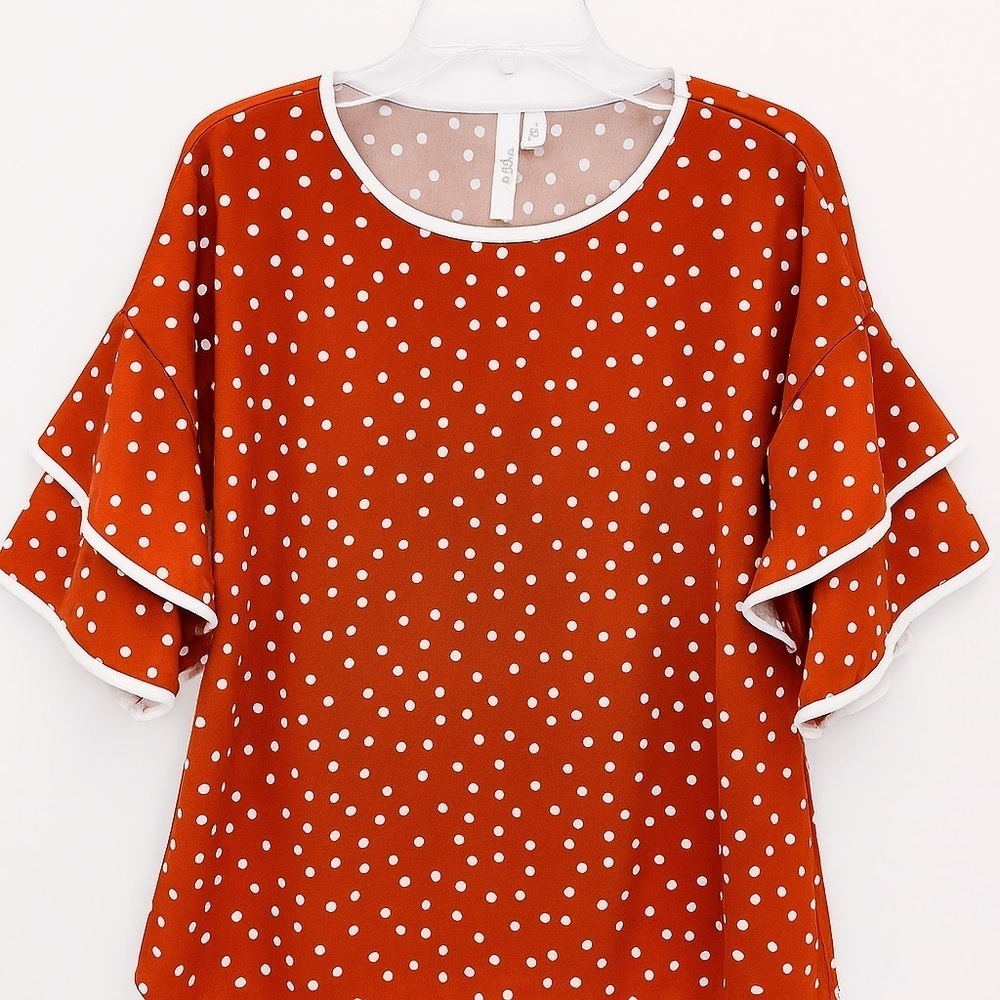 NY Collection Orange & White Polka Dot Ruffle Sleeve Blouse Women’s Size Medium